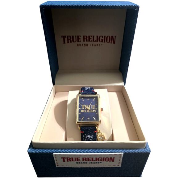 True Religion Women’s Gold Navy Denim Strap Watch Rectangular Lock Charm TRL100 - Picture 10 of 13
